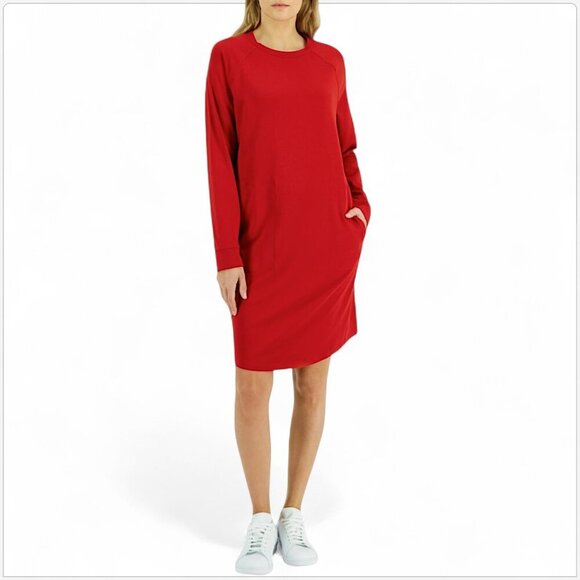 Eileen Fisher Cinnabar Red Raglan Sleeve Crewneck Long Sleeve Dress NWT New M - Picture 1 of 5